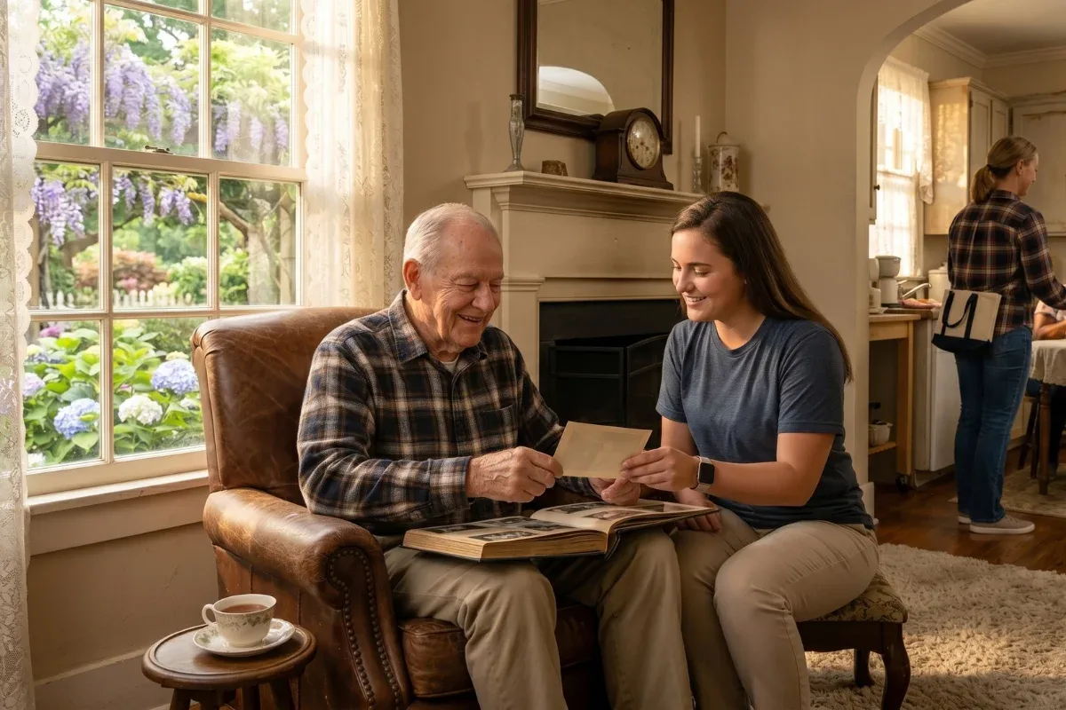 Family caregiver sitting with elderly loved one in a comfortable home setting in Arkansas