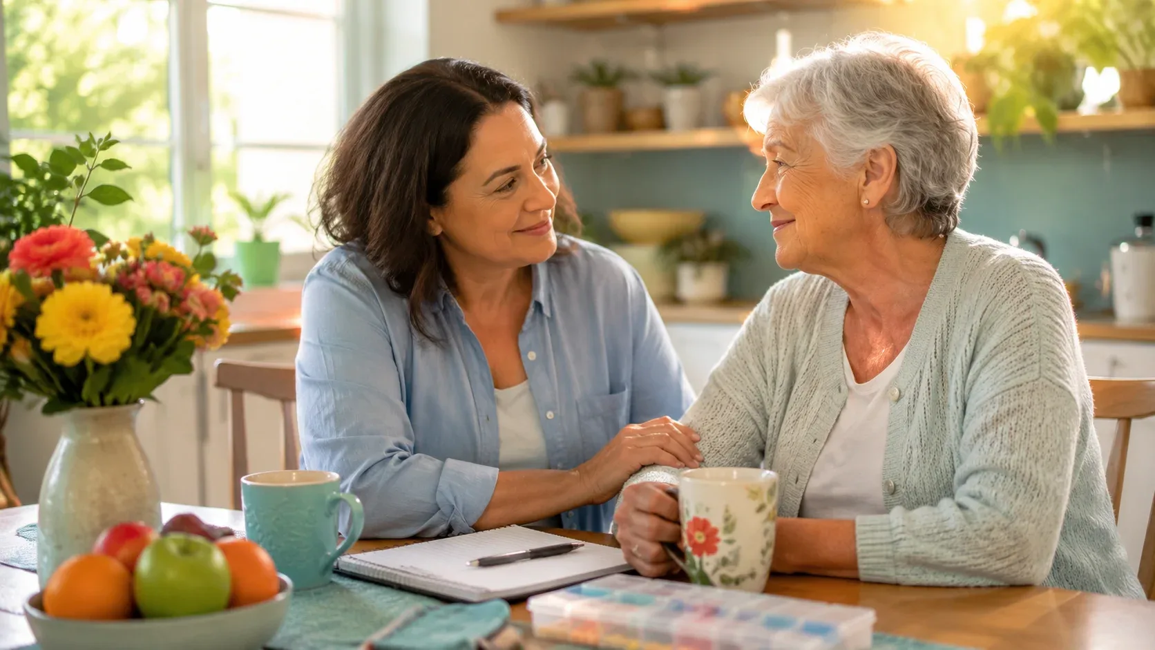 A tired family caregiver sitting quietly at home, showing signs of emotional exhaustion and burnout